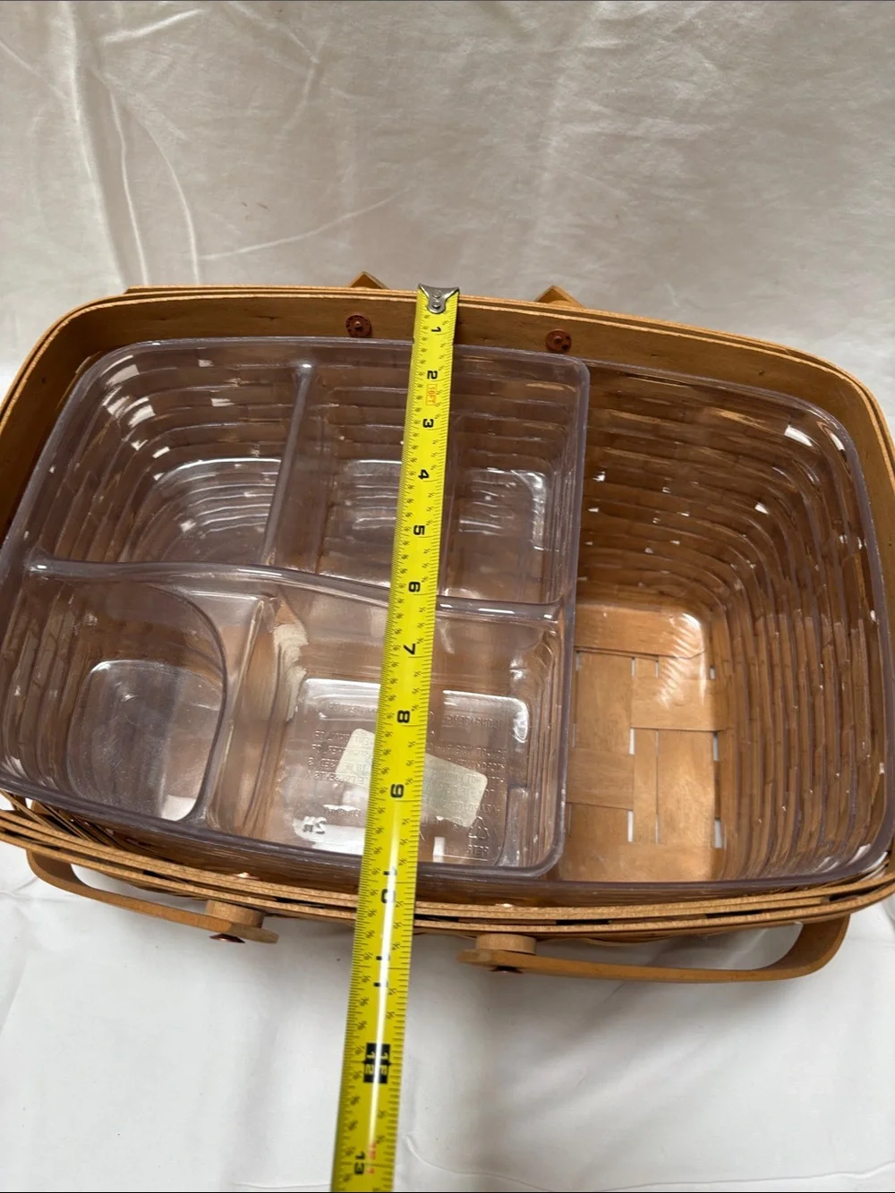 Longaberger wood market basket with hinged handles and plastic inserts